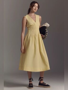 Maeve The Hailey Sleeveless V-Neck Pintuck Midi Dress in Butter Yellow Size XL